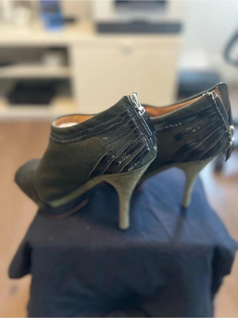 L.A.M.B. Black Peep-Toe Ankle Booties with Gloss Striped Toe